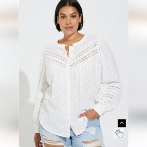 Torrid Cotton Clip Dot Lace Trim Long Sleeve Top